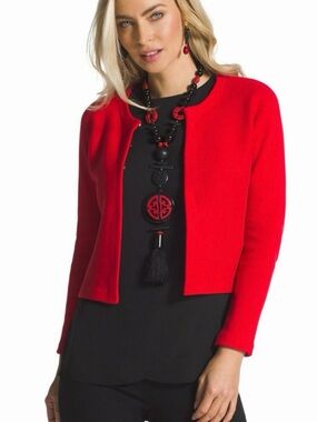 Chico’s Cropped Alba Long Sleeve Knit Cardigan Sweater Half Hook Front Red 2/L